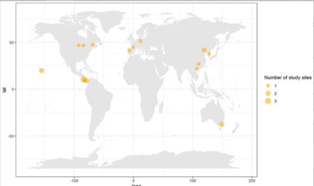 Kort over steder, der indgår i undersøgelsen. Fra: Warner et al. 2023 Young mixed planted forests store more carbon than monocultures