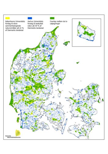 Her er forskernes bud på Danmarks nye beskyttede naturområder. De to universiteters udpegninger overlapper hinanden med mere end 70 procent. Danmarks Naturfredningsforening, Aarhus Universitet, Københavns Universitet. Kilde: pressemeddelelse DN 2024