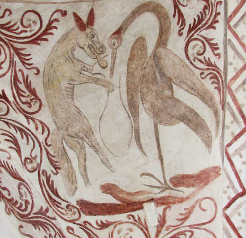 Ræven og Storken fra Æsops fabel. Nørre Herlev Kirke. © Nationalmuseet. CCBYSA