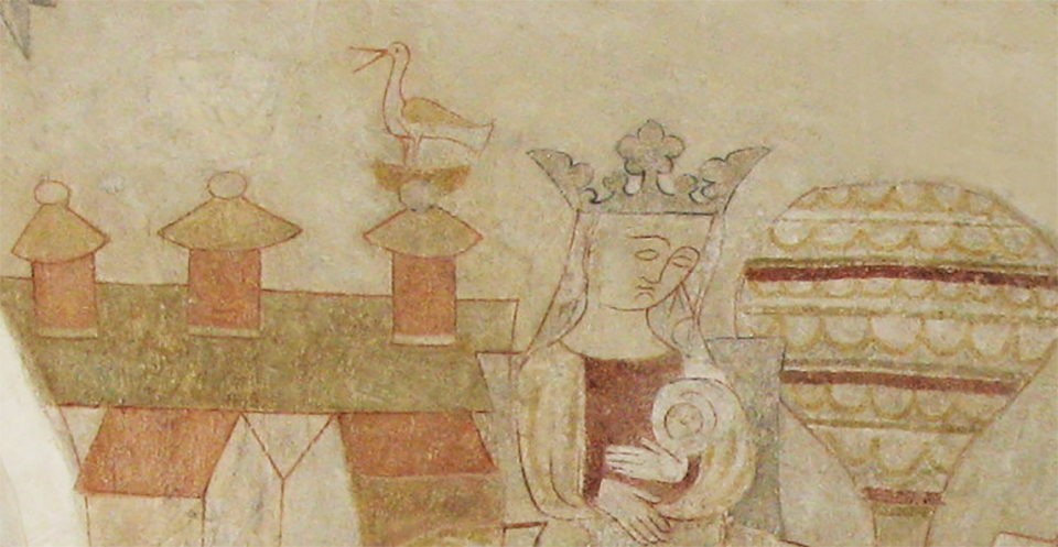 Storkerede fra Ørslev Kirke. Detalje af flugten fra Ægypten. Det er Jerusalem i baggrunden c. 1375 © Nationalmuseet CCBYSA