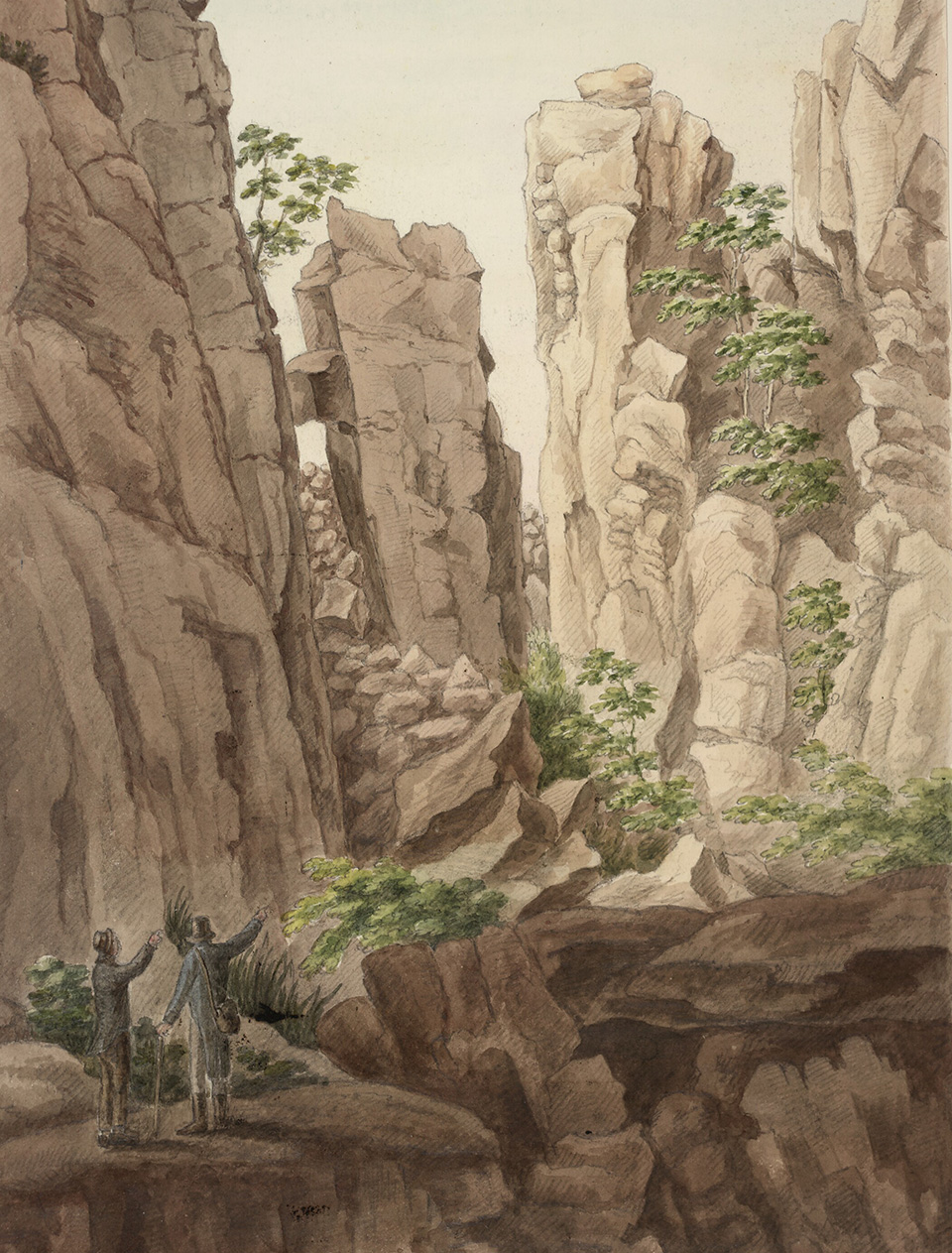 Akvarel af Randkløveskåret. Af Ole Jørgen Rawert (1786-1851) . © Det Kgl. Biblioteks billedsamling