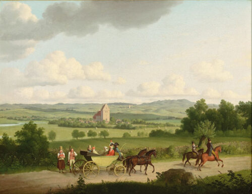 C.W. Eckersberg: Det skovløse landskab ca. 1810 ved Borre Kirke på Møn. Kilde: Wikipedia