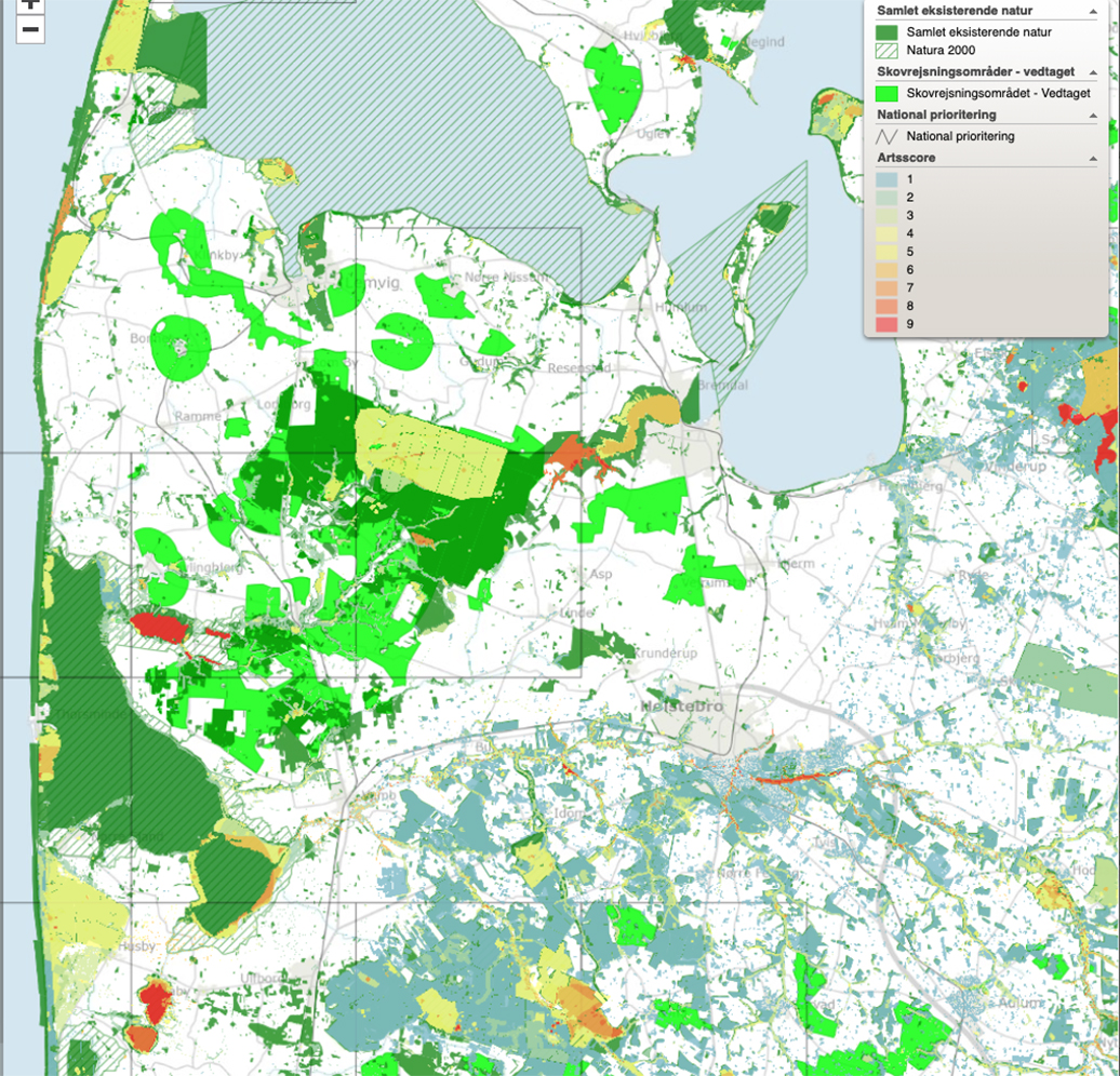 Kort med artscorer mv. over Klosterheden og Stråsø © Miljøgis/Biodiversitetskortet